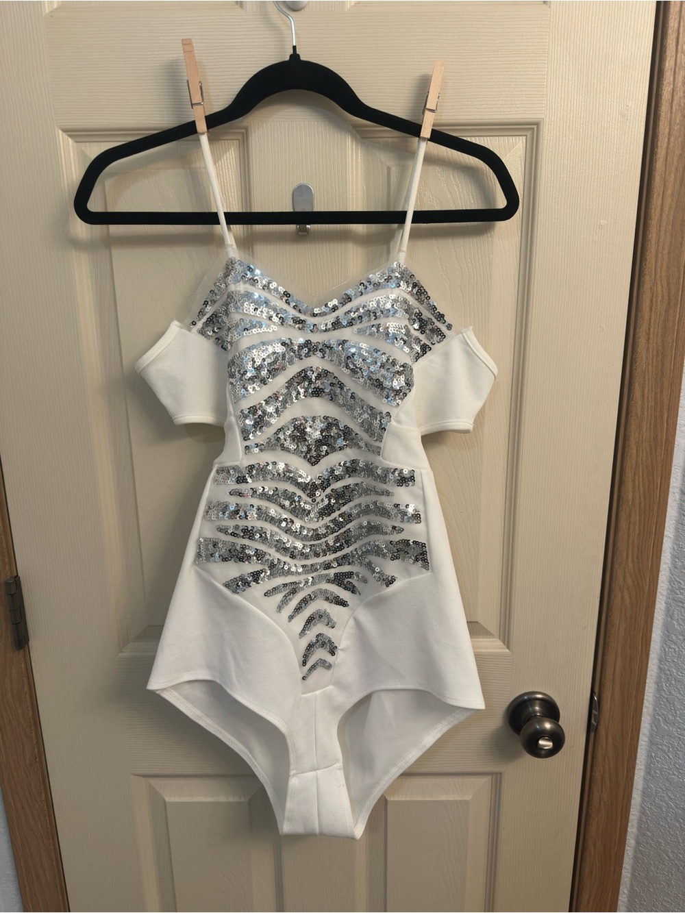 Hustler Hollywood White One-Piece with Silver Sequin Accent body suit swim.